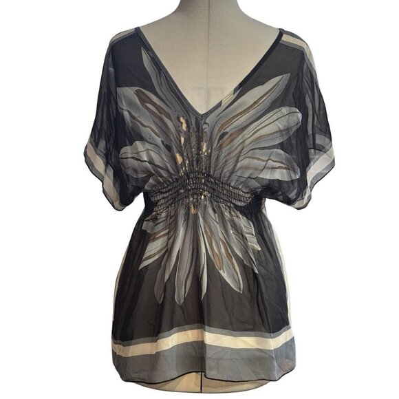 Semi-Sheer Floral Handkerchief Blouse Women's XS (0-2) Black Gray Boho Indie Hip - Picture 1 of 13